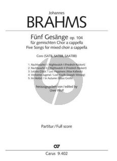 Brahms Fünf Gesänge für gemischten Chor a cappella Op.104 Chorpartitur (SATB, SATBB, SAATBB (dt./engl.) (Uwe Wolf)