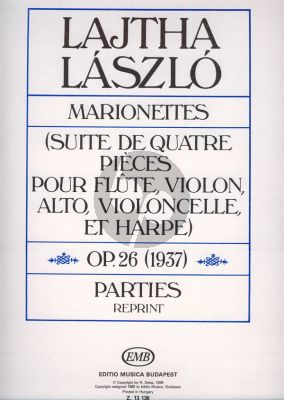 Lajtha Marionettes Op.26 (1937) for Flute, Violin, Viola, Violoncello and Harp Set of Parts