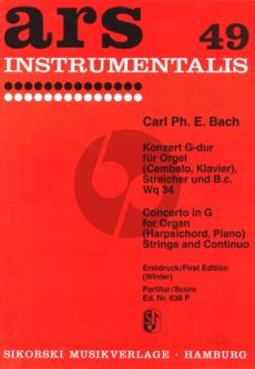 Bach Konzert G-dur WQ 34 Orgel[Cembalo]-Streicher-Bc Partitur (Helmut Winter)