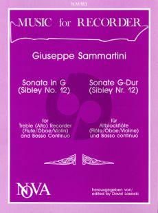 Sammartini Sonata G-major Treble Recorder and Bc (edited by David Lasocki)