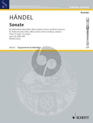 Handel Sonate No.2 F-Dur HWV 389 fur Altblockflote [oder Flote/Oboe/Violine], Violine und Bc (Part./Stimmen) (herausgeber Helmut Monkemeyer)