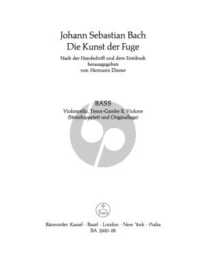 Bach Kunst der Fugue BWV 1080 (Vc./Tenor-Gambe 2 / Violone) (edited by Hermann Diener) (Barenreiter)