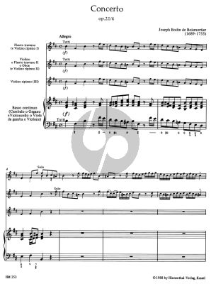 Boismortier Concerto h-moll Op. 21 No. 4 Treble Recorder-Violin [Flute] and Bc (Score/Parts) (Hugo Ruf)