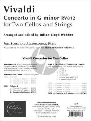 Vivaldi Concerto in G-Minor RV 812 for 2 Violoncellos and Orchestra Score and Parts (arranged and edited by Julian Lloyd Webber) (Grades 6–8)