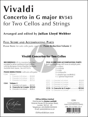 Vivaldi Concerto in G-Major RV 545 for 2 Violoncellos and Orchestra Score and Parts (arranged and edited by Julian Lloyd Webber) (Grades 6–8)