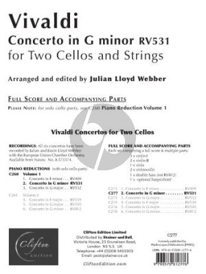 Vivaldi Concerto in G-Minor RV 531 for 2 Violoncellos and Orchestra Score and Parts (arranged and edited by Julian Lloyd Webber) (Grades 6–8)