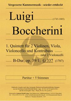 Boccherini Quintett Op.39 No.1 G 337 (1787) 2 Violins, Viola, Violoncello and Double Bass (or 2 Violoncellos) Score and Parts