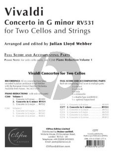 Vivaldi Concerto in G-Minor RV 531 for 2 Violoncellos and Orchestra Score and Parts (arranged and edited by Julian Lloyd Webber) (Grades 6–8)