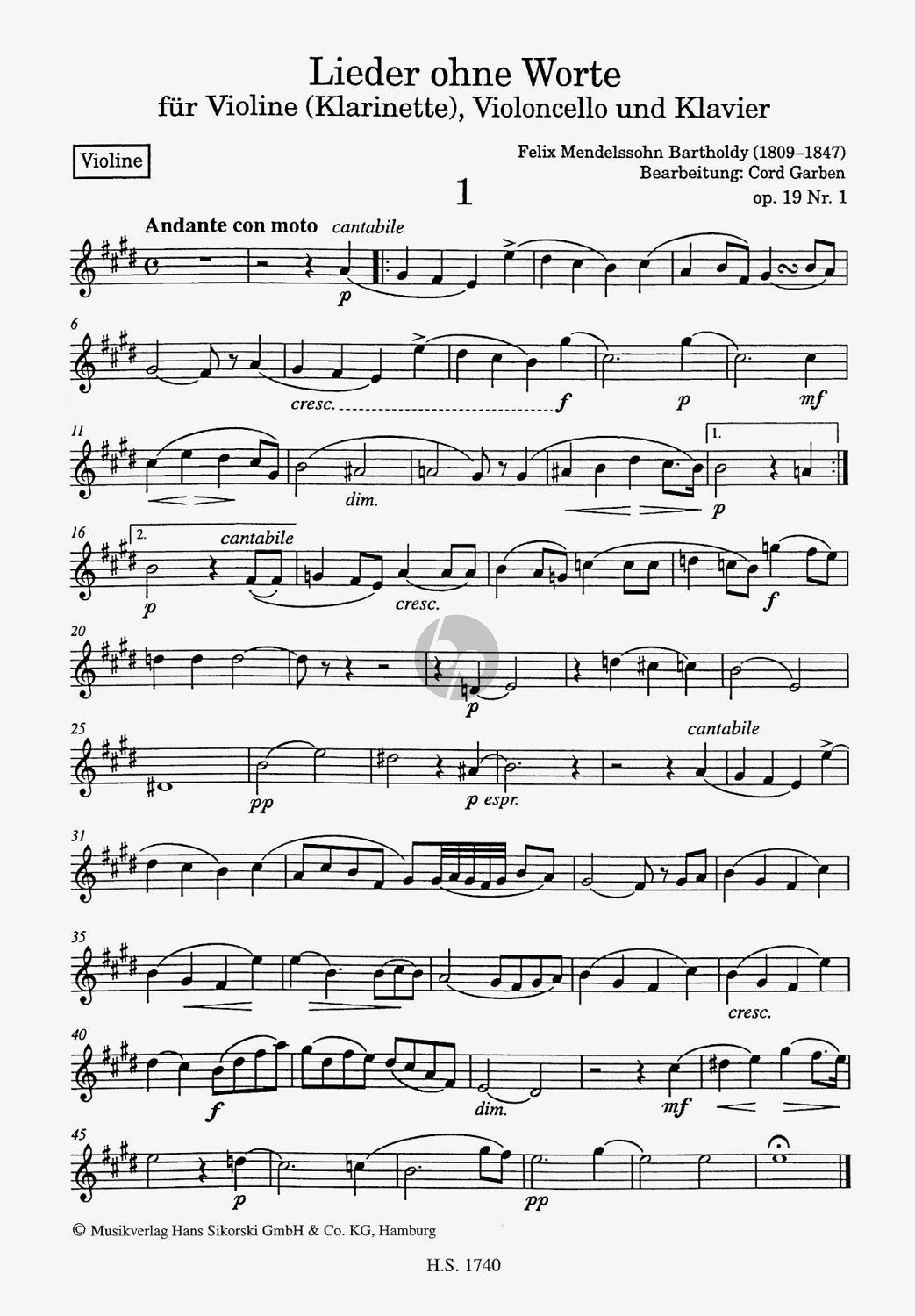 Mendelssohn F., Sechs Lieder ohne Worte, Andante con moto Sheet music for  Piano (Solo)